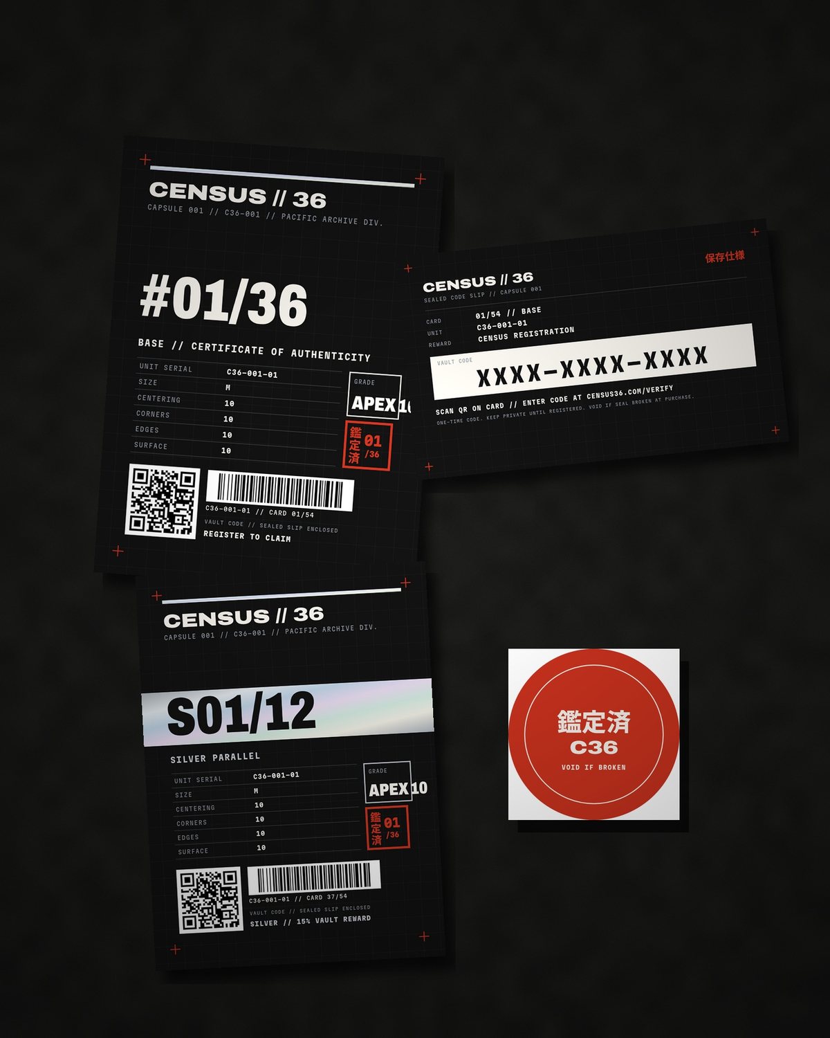 PLACEHOLDER render — card, sealed code slip (code masked) and seal sticker