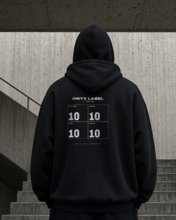PLACEHOLDER photo composite — C36-003 hoodie back, worn, stairwell