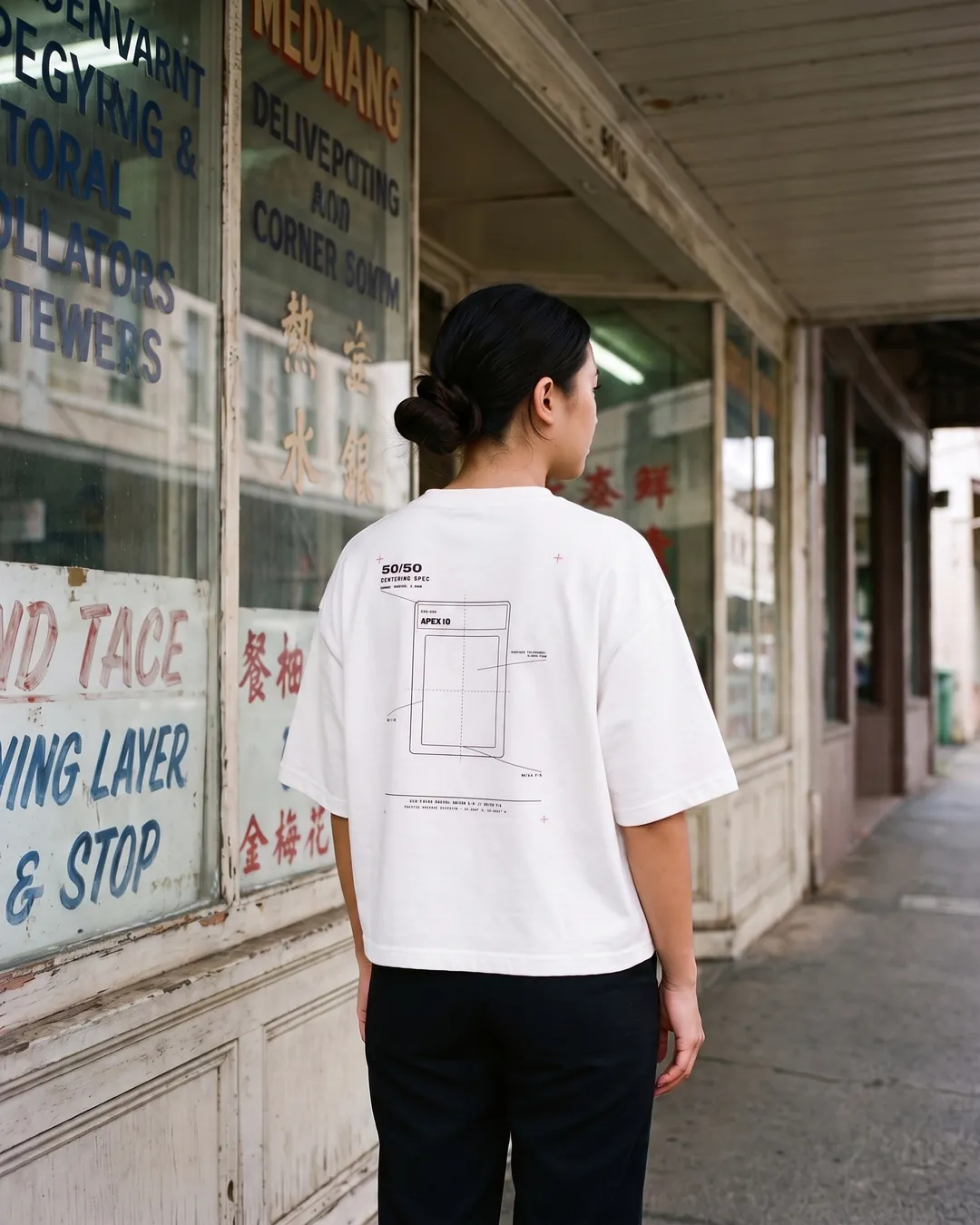 C36-002 white tee from the back at a Chinatown storefront: 50/50 centering-spec blueprint print