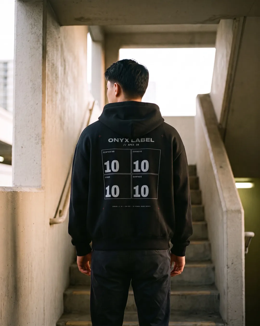 C36-003 black hoodie worn from the back in a concrete stairwell: ONYX LABEL quad print with four 10s