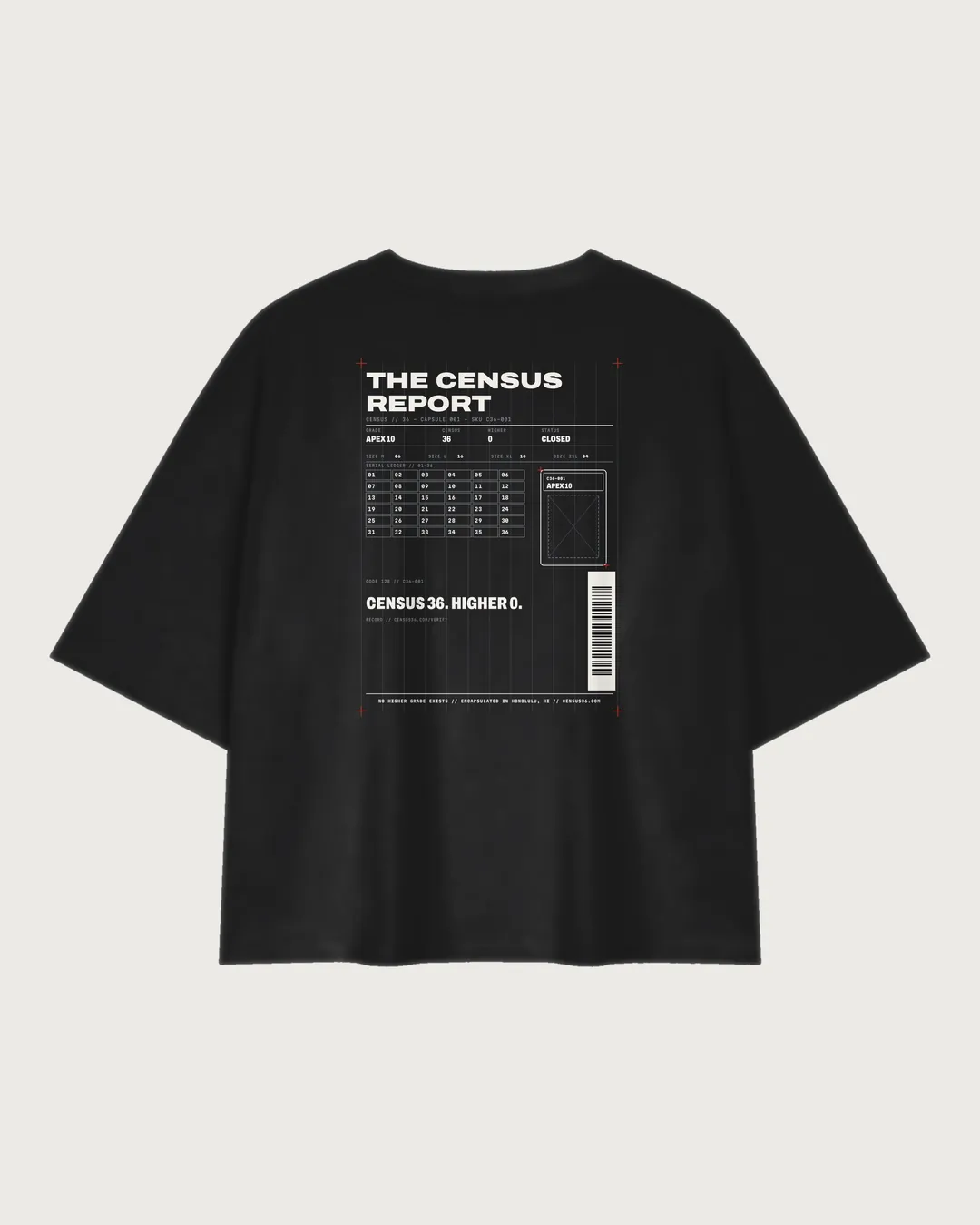 C36-001 black tee back, flat: The Census Report ledger print, true scale