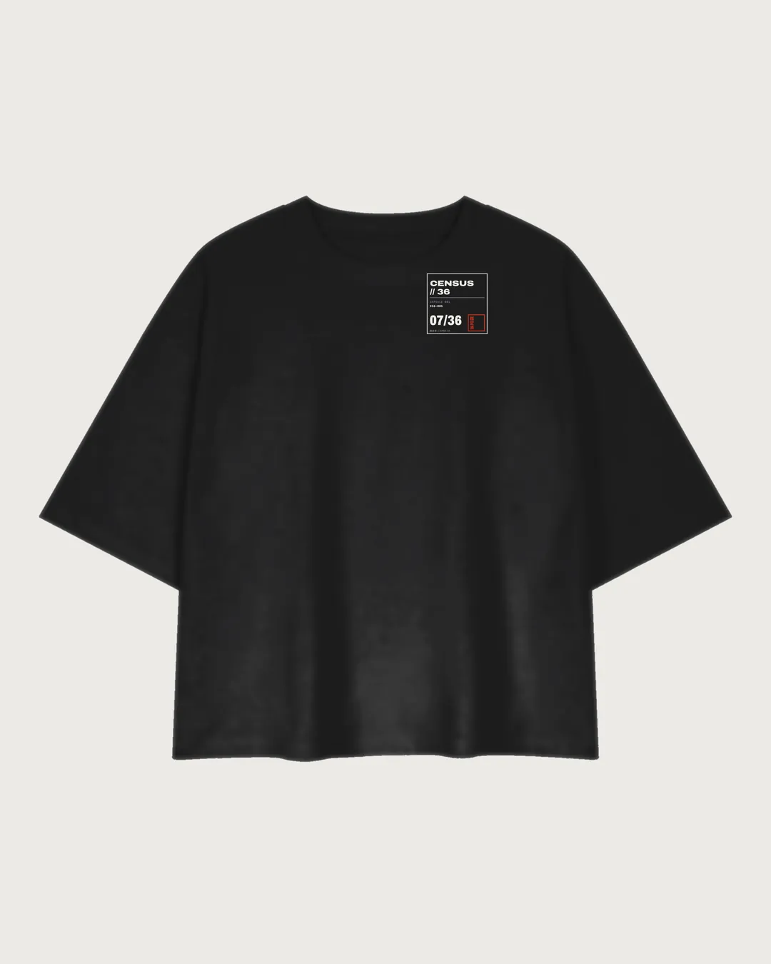 C36-001 black tee front, flat: numbered chest box on the left chest