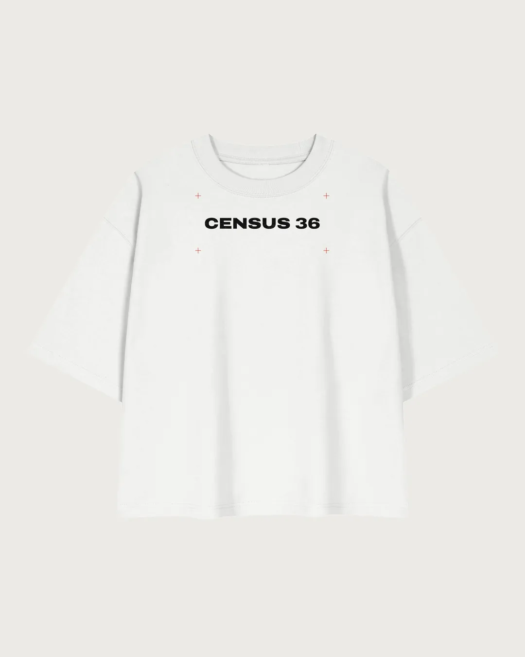 C36-002 white tee front, flat: CENSUS 36 wordmark