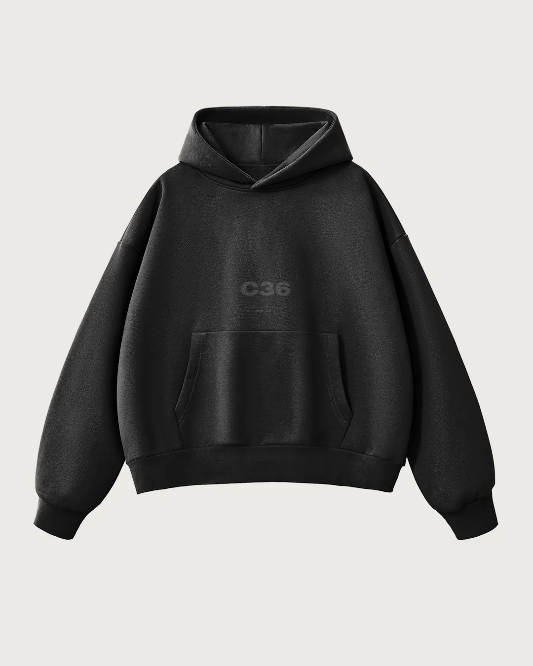 C36-003 black hoodie front, flat: tonal C36 monogram